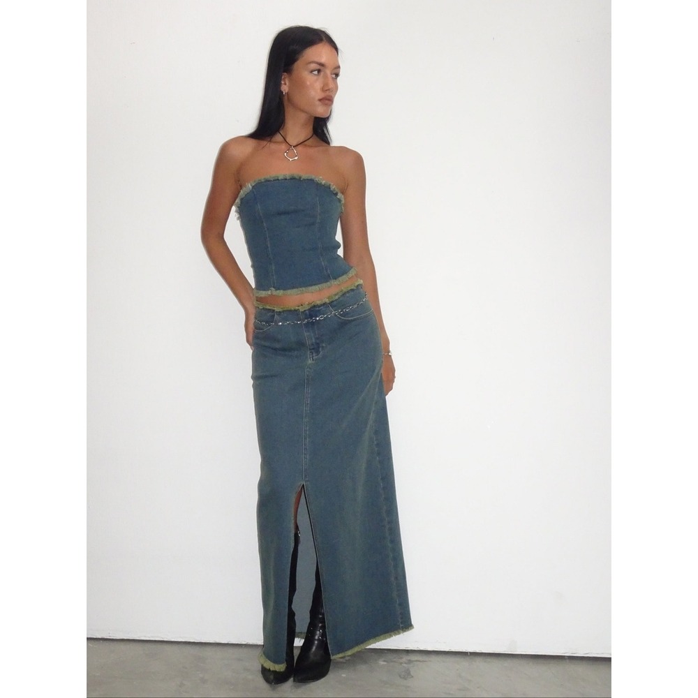 Motel Rocks Zaenap Denim Maxi Skirt‎ Size S Brown Blue Acid Wash Raw Hem Y2K